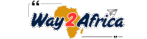 "Way2Africa logo featuring stylized text with the word 'Way' and 'Africa' in navy blue script font, a red number '2' over a golden map of Africa in the background, a paper airplane icon to the top right, and decorative quotation marks around the design."